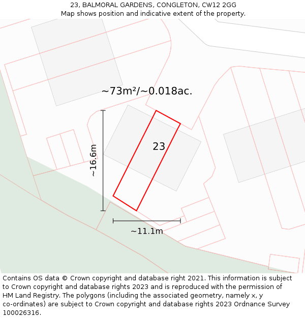 23, BALMORAL GARDENS, CONGLETON, CW12 2GG: Plot and title map