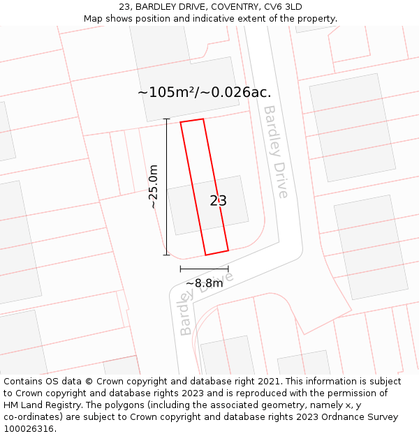 23, BARDLEY DRIVE, COVENTRY, CV6 3LD: Plot and title map
