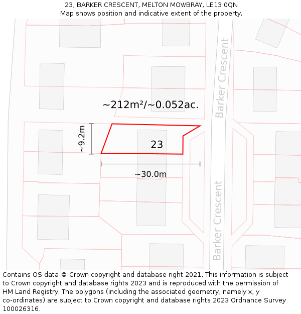 23, BARKER CRESCENT, MELTON MOWBRAY, LE13 0QN: Plot and title map