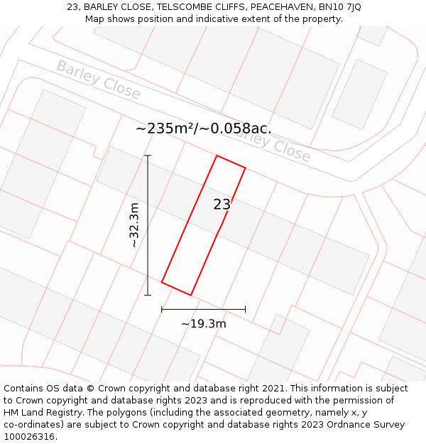 23, BARLEY CLOSE, TELSCOMBE CLIFFS, PEACEHAVEN, BN10 7JQ: Plot and title map