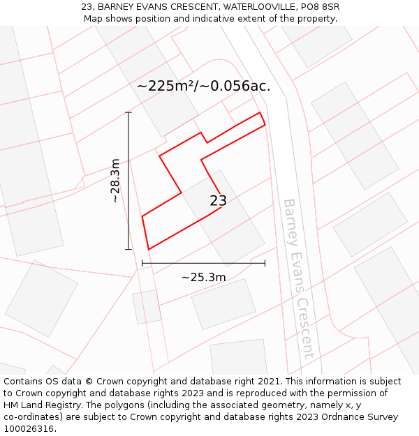 23, BARNEY EVANS CRESCENT, WATERLOOVILLE, PO8 8SR: Plot and title map