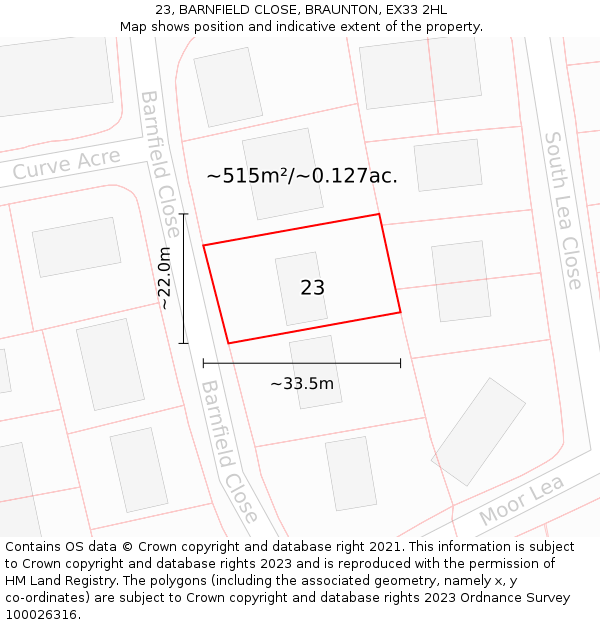 23, BARNFIELD CLOSE, BRAUNTON, EX33 2HL: Plot and title map