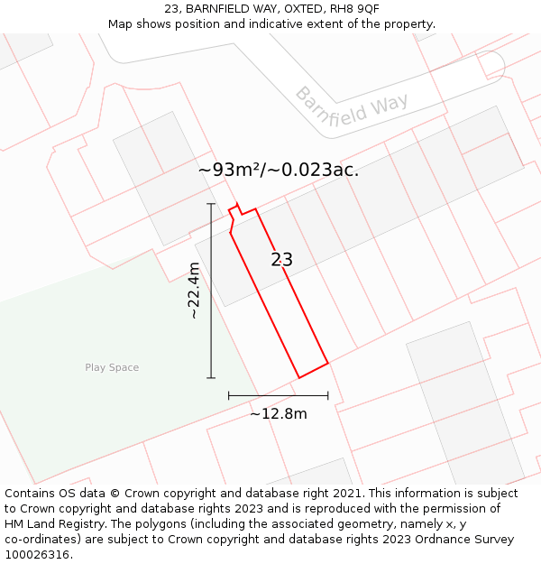 23, BARNFIELD WAY, OXTED, RH8 9QF: Plot and title map
