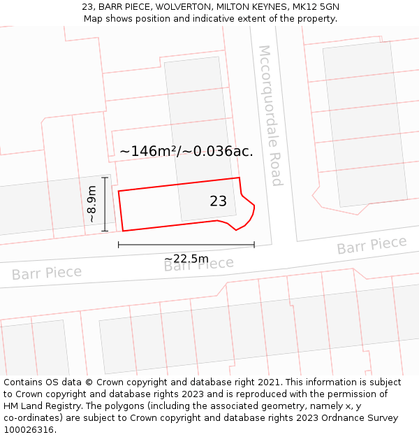 23, BARR PIECE, WOLVERTON, MILTON KEYNES, MK12 5GN: Plot and title map