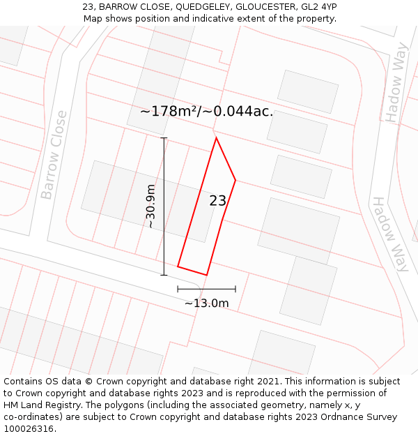 23, BARROW CLOSE, QUEDGELEY, GLOUCESTER, GL2 4YP: Plot and title map