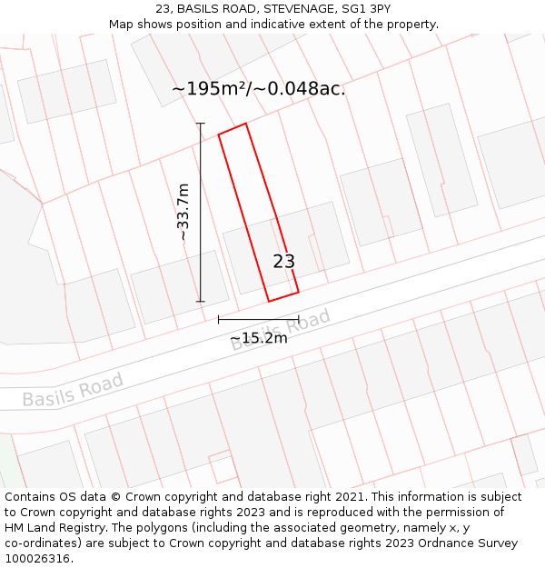 23, BASILS ROAD, STEVENAGE, SG1 3PY: Plot and title map