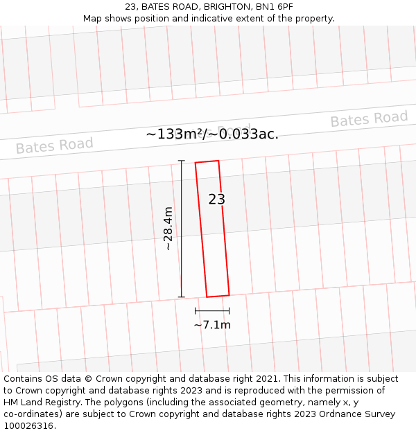 23, BATES ROAD, BRIGHTON, BN1 6PF: Plot and title map