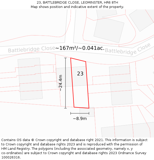 23, BATTLEBRIDGE CLOSE, LEOMINSTER, HR6 8TH: Plot and title map