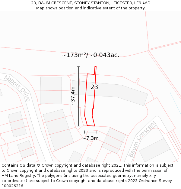 23, BAUM CRESCENT, STONEY STANTON, LEICESTER, LE9 4AD: Plot and title map