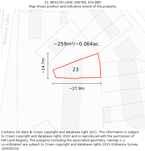 23, BEACON LANE, EXETER, EX4 8BD: Plot and title map