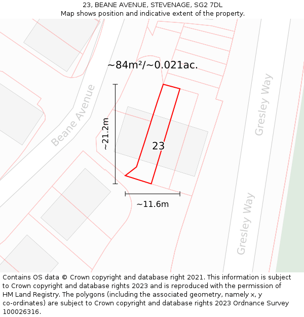 23, BEANE AVENUE, STEVENAGE, SG2 7DL: Plot and title map