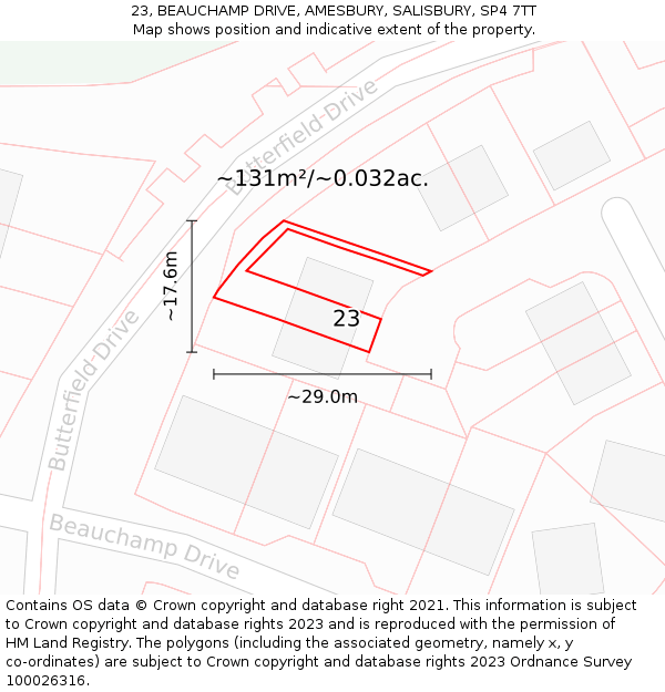 23, BEAUCHAMP DRIVE, AMESBURY, SALISBURY, SP4 7TT: Plot and title map