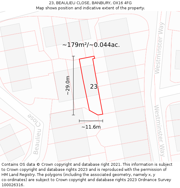 23, BEAULIEU CLOSE, BANBURY, OX16 4FG: Plot and title map