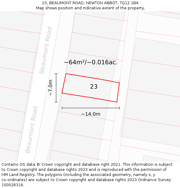 23, BEAUMONT ROAD, NEWTON ABBOT, TQ12 1BA: Plot and title map