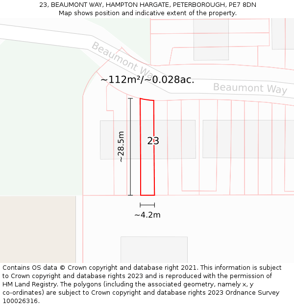 23, BEAUMONT WAY, HAMPTON HARGATE, PETERBOROUGH, PE7 8DN: Plot and title map