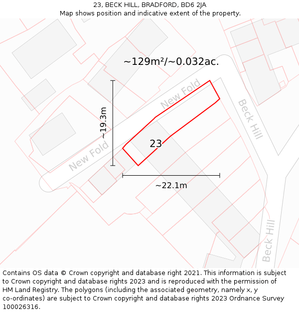 23, BECK HILL, BRADFORD, BD6 2JA: Plot and title map