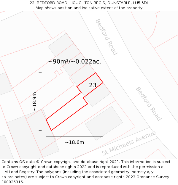 23, BEDFORD ROAD, HOUGHTON REGIS, DUNSTABLE, LU5 5DL: Plot and title map