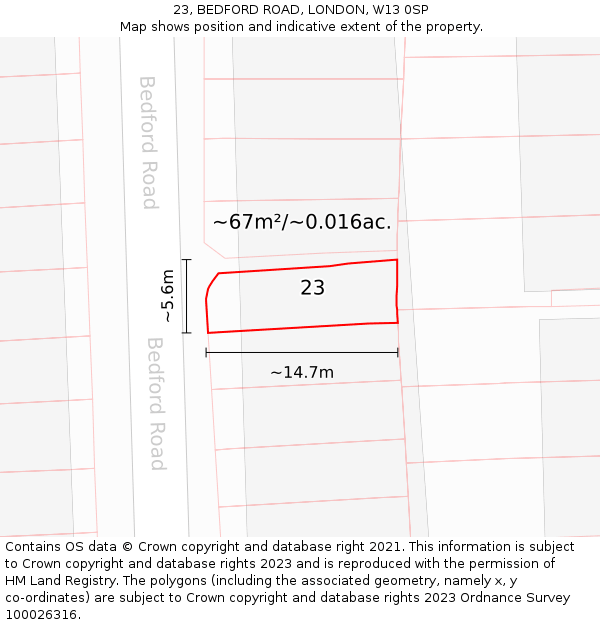 23, BEDFORD ROAD, LONDON, W13 0SP: Plot and title map