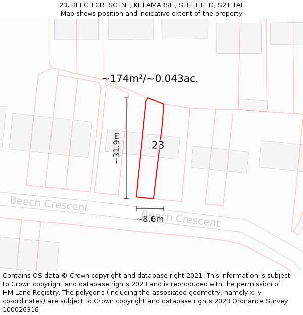 23, BEECH CRESCENT, KILLAMARSH, SHEFFIELD, S21 1AE: Plot and title map