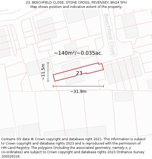 23, BEECHFIELD CLOSE, STONE CROSS, PEVENSEY, BN24 5FH: Plot and title map