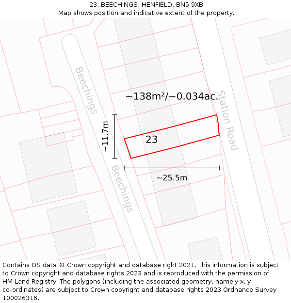 23, BEECHINGS, HENFIELD, BN5 9XB: Plot and title map