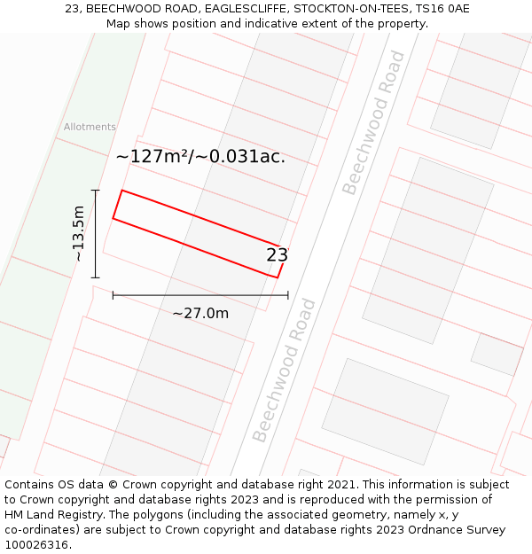 23, BEECHWOOD ROAD, EAGLESCLIFFE, STOCKTON-ON-TEES, TS16 0AE: Plot and title map