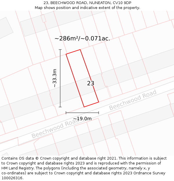 23, BEECHWOOD ROAD, NUNEATON, CV10 9DP: Plot and title map