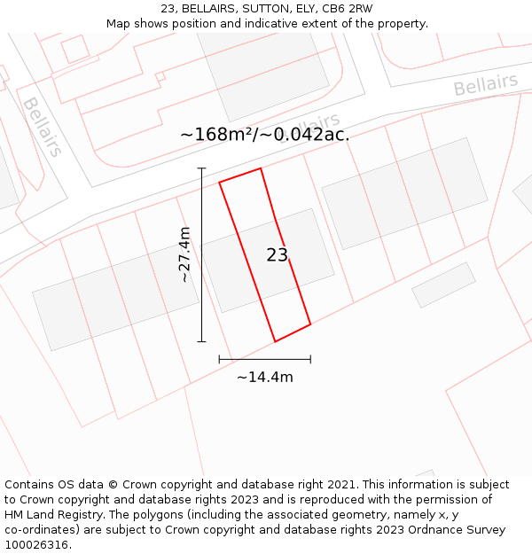 23, BELLAIRS, SUTTON, ELY, CB6 2RW: Plot and title map