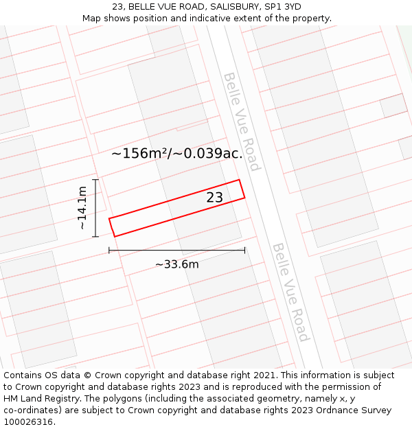 23, BELLE VUE ROAD, SALISBURY, SP1 3YD: Plot and title map