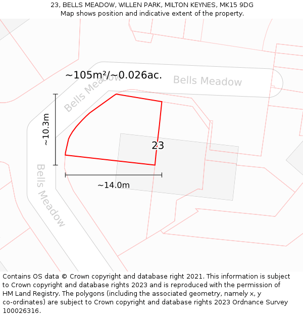 23, BELLS MEADOW, WILLEN PARK, MILTON KEYNES, MK15 9DG: Plot and title map
