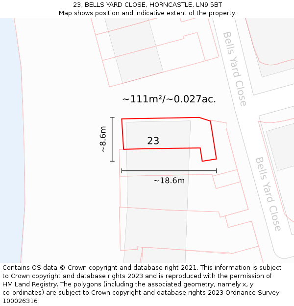 23, BELLS YARD CLOSE, HORNCASTLE, LN9 5BT: Plot and title map