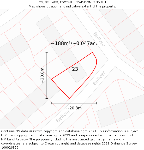 23, BELLVER, TOOTHILL, SWINDON, SN5 8JU: Plot and title map