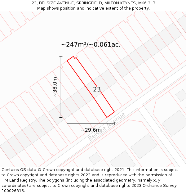 23, BELSIZE AVENUE, SPRINGFIELD, MILTON KEYNES, MK6 3LB: Plot and title map