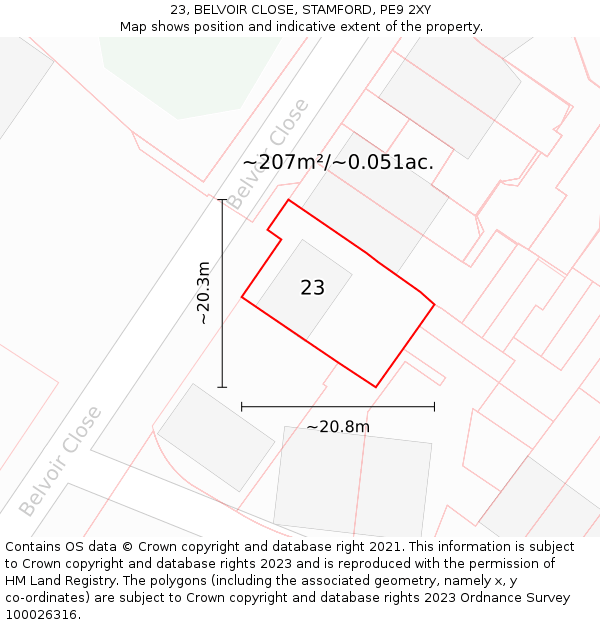 23, BELVOIR CLOSE, STAMFORD, PE9 2XY: Plot and title map