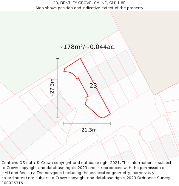 23, BENTLEY GROVE, CALNE, SN11 8EJ: Plot and title map