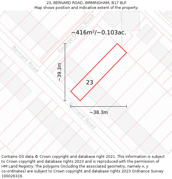 23, BERNARD ROAD, BIRMINGHAM, B17 8LP: Plot and title map