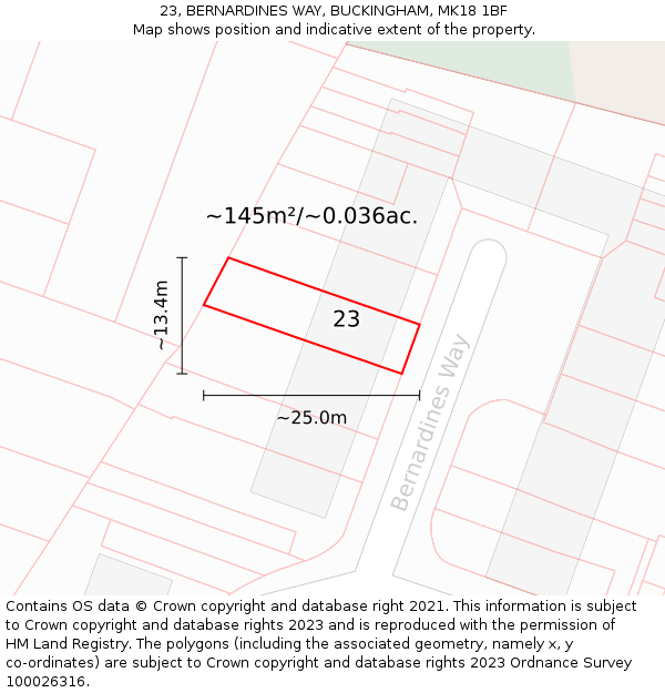 23, BERNARDINES WAY, BUCKINGHAM, MK18 1BF: Plot and title map