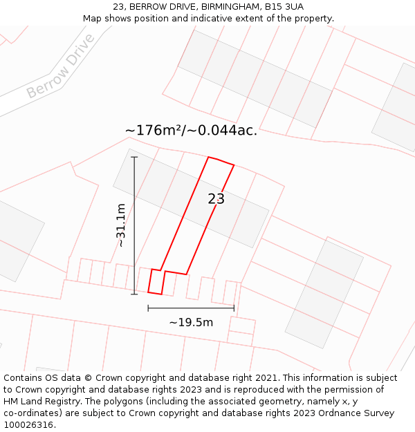 23, BERROW DRIVE, BIRMINGHAM, B15 3UA: Plot and title map