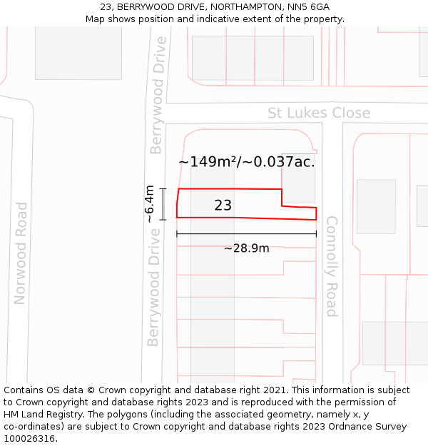 23, BERRYWOOD DRIVE, NORTHAMPTON, NN5 6GA: Plot and title map