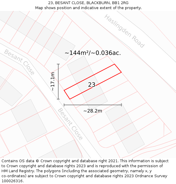 23, BESANT CLOSE, BLACKBURN, BB1 2RG: Plot and title map
