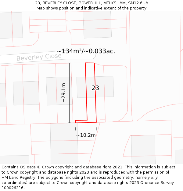 23, BEVERLEY CLOSE, BOWERHILL, MELKSHAM, SN12 6UA: Plot and title map