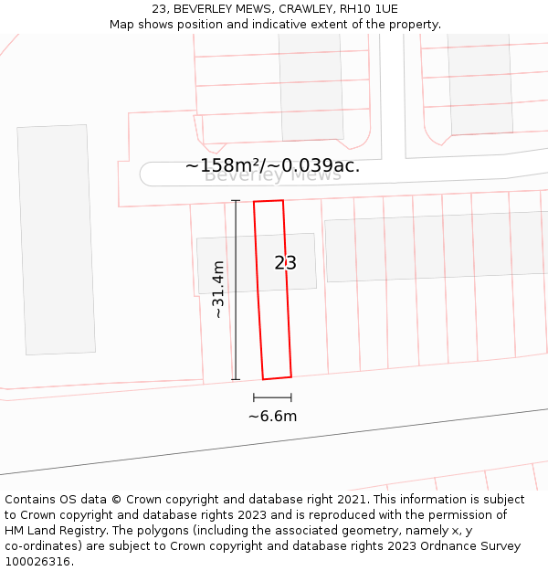 23, BEVERLEY MEWS, CRAWLEY, RH10 1UE: Plot and title map