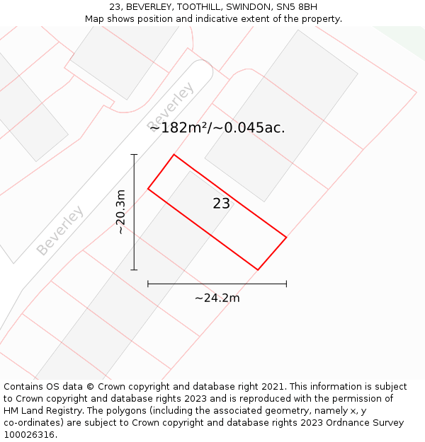 23, BEVERLEY, TOOTHILL, SWINDON, SN5 8BH: Plot and title map