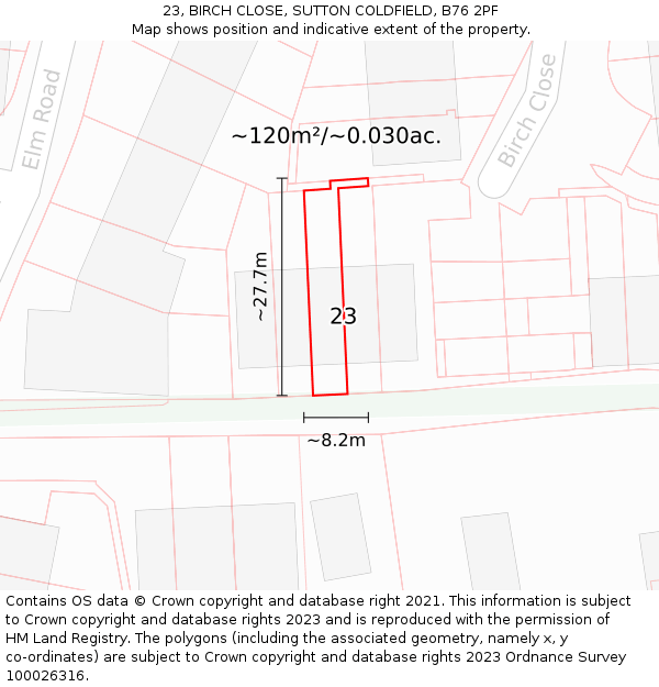 23, BIRCH CLOSE, SUTTON COLDFIELD, B76 2PF: Plot and title map