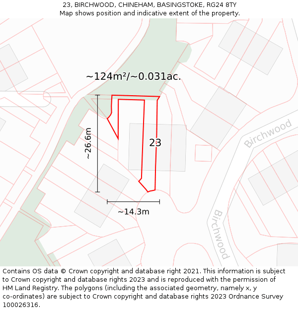 23, BIRCHWOOD, CHINEHAM, BASINGSTOKE, RG24 8TY: Plot and title map