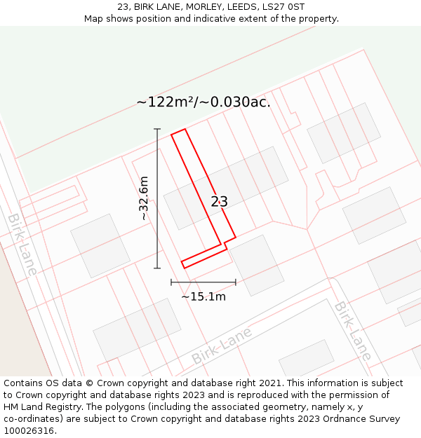 23, BIRK LANE, MORLEY, LEEDS, LS27 0ST: Plot and title map