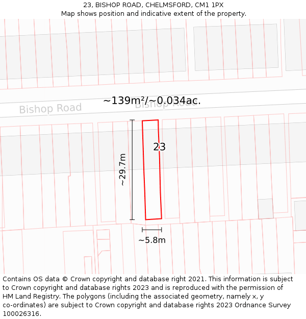 23, BISHOP ROAD, CHELMSFORD, CM1 1PX: Plot and title map