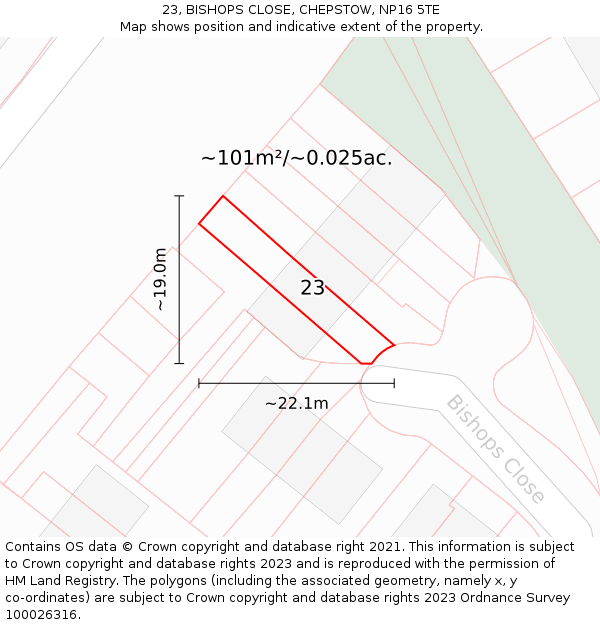 23, BISHOPS CLOSE, CHEPSTOW, NP16 5TE: Plot and title map