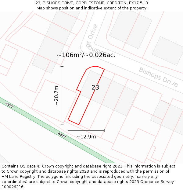 23, BISHOPS DRIVE, COPPLESTONE, CREDITON, EX17 5HR: Plot and title map