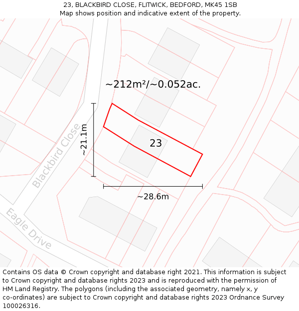 23, BLACKBIRD CLOSE, FLITWICK, BEDFORD, MK45 1SB: Plot and title map